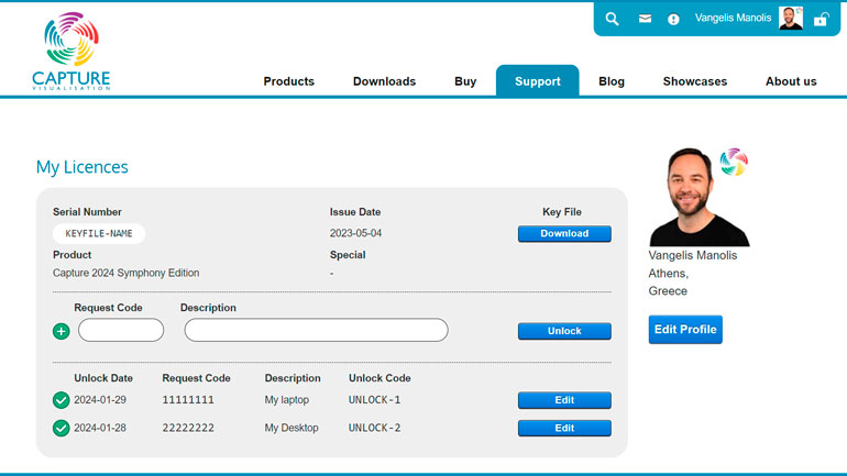 My Licences page on the website account.